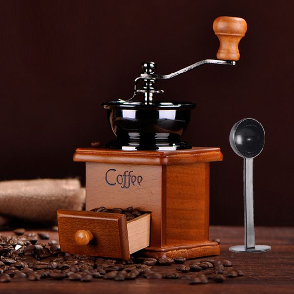 

retro stainless ceramic manual coffee bean grinder mill hand grinding +scoop