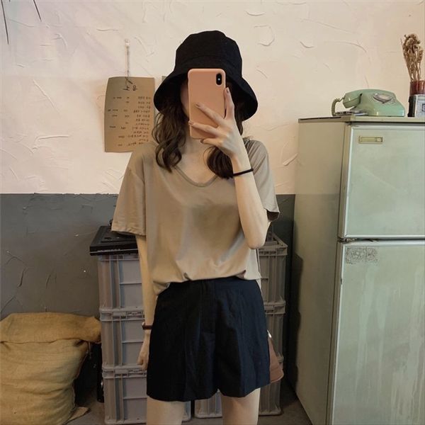 

clothes 2020 loose all-match niche two-wear v-neck lazy wind clothes bottoming short-sleeved t-shirt women's wear, White