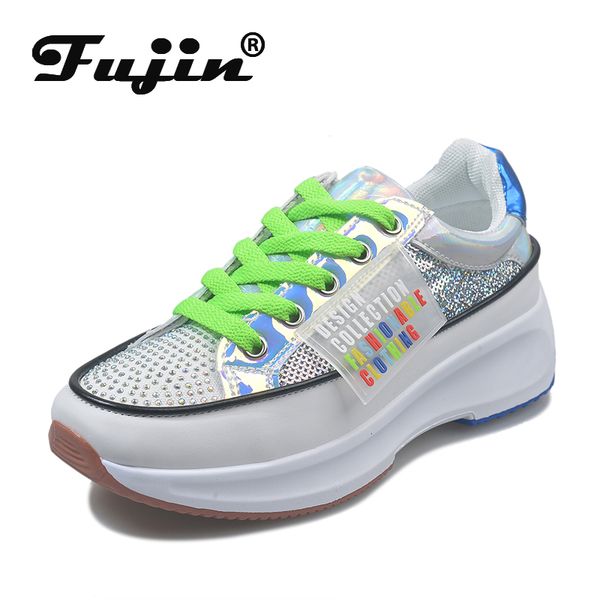 

fujin single shoes spring autumn 2020 fashion creepers platform slip on high heels round toe muffin bottom breathable flat shoes, Black