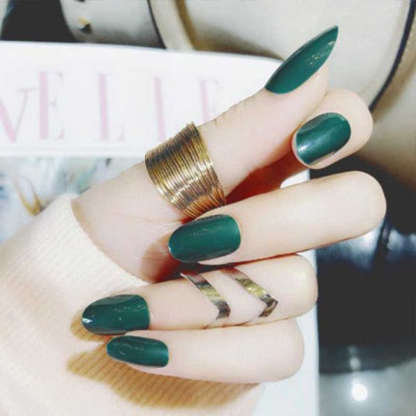 

24pcs rounded gloss kiss fake nails with design clear dark green impress press on nails natural artificial false nail tips, Red;gold