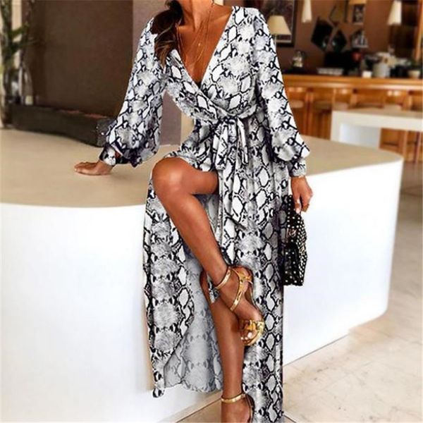 

new fashion womens v-neck leopard printed long sleeve long maxi dresses ladies summer snake skin print party a-line dress, Black;gray