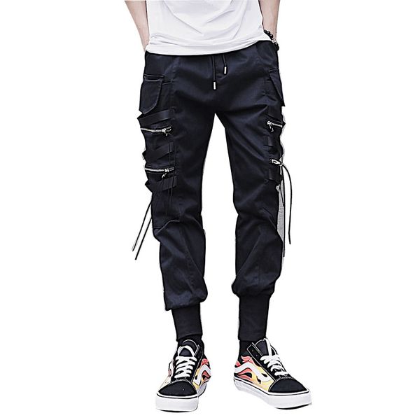 

men fashion casual harem pant high street hip hop male big pocket slim fit cargo trousers biker pant jogger sweatpants, Black