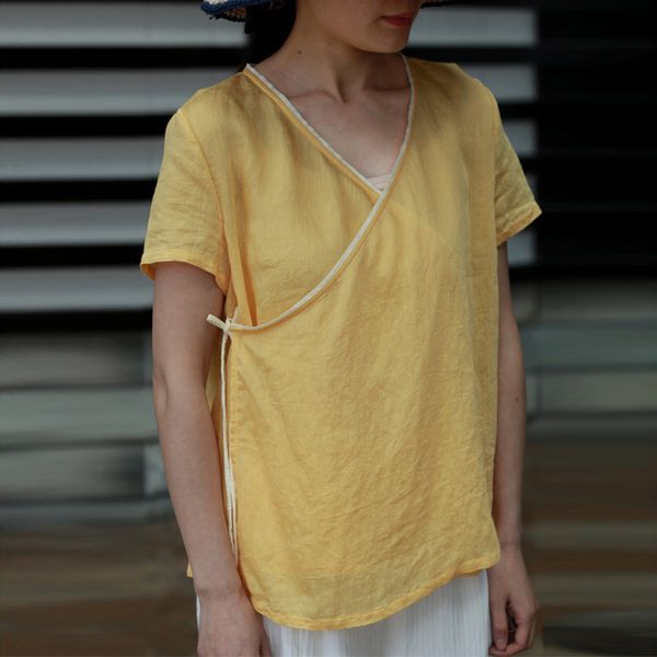 

johnature women belt shirts tencel linen blouses v-neck short sleeve 2019 summer new solid color chinese style women cloths, White