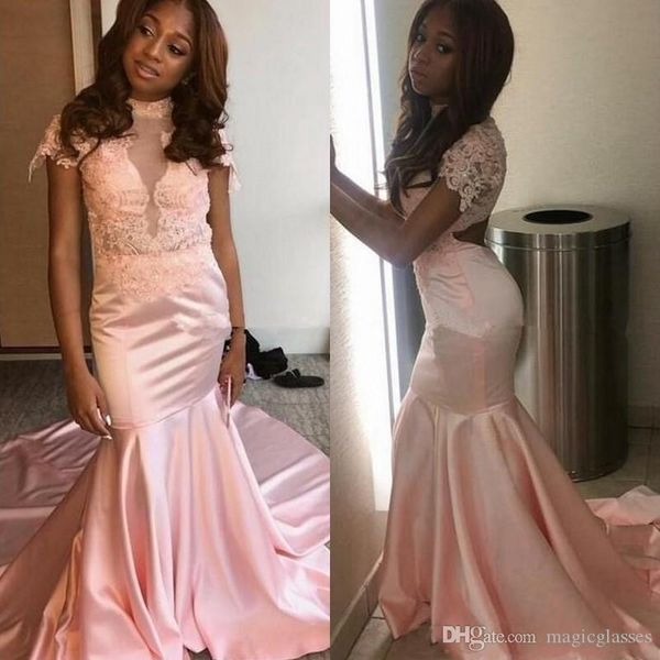 

2019 elegant mermaid prom dresses long backless cap sleeves lace appliques sweep train arabic evening party pageant gowns, Black