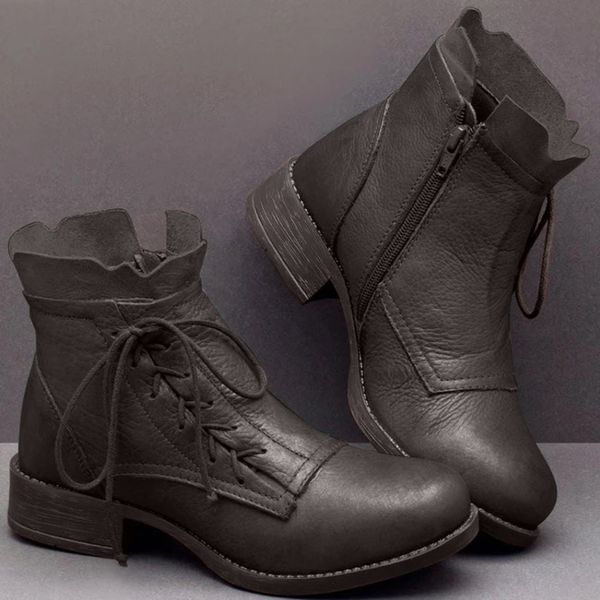 

leather boots women side zipper low-heeled shoes woman round toe lace-up shoe ankle boots non-slip flat with shoes buty damskie, Black