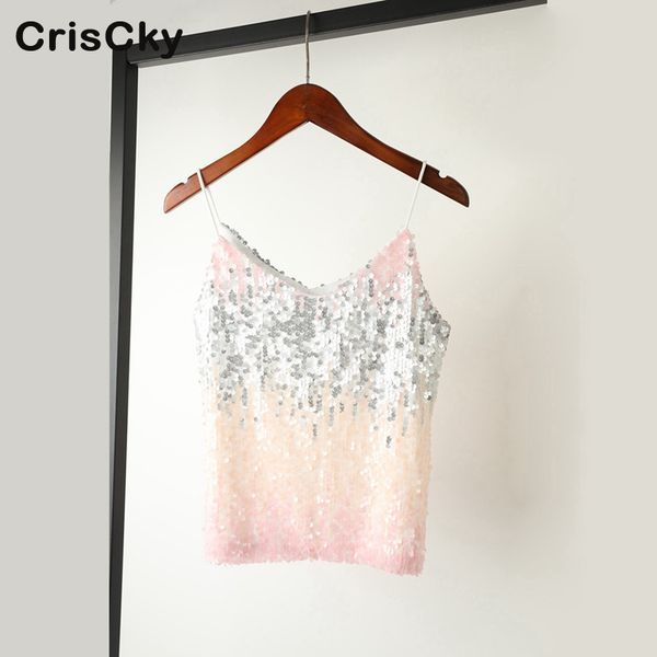 

criscky tank women v-neck sleeveless spaghetti strap sequins a shirt tank women summer club t shirt 2019, White