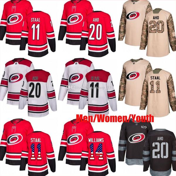 

custom carolina hurricanes jersey 20 sebastian aho 37 andrei svechnikov 11 staal 14 justin williams usa flag hockey men women youth jerseys, Black;red