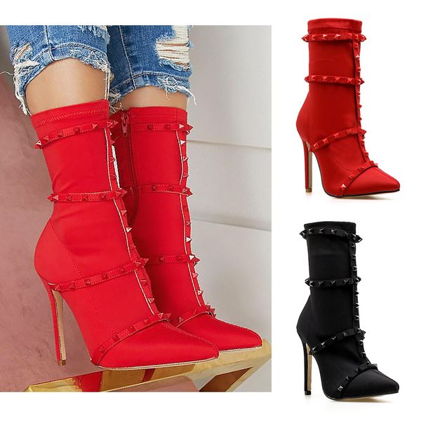 

women's large size booties new fabric strentch rivets t-strap pointed stilettos high heels winter dress shoes, Black
