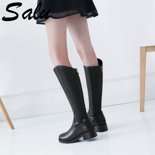 

salu female genuine leather knee high boots winter women boots fashion night club shoes woman square heels, Black