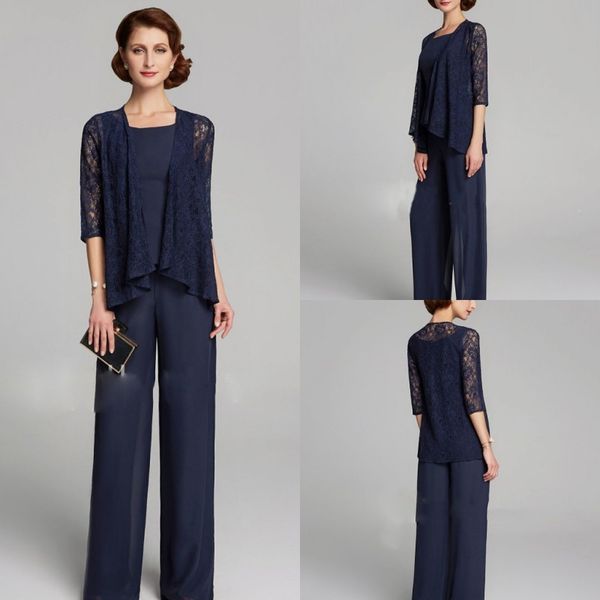 

2019 navy mother of the bride pant suits 3/4 long sleeves chiffon wedding guest dress jewel neck evening gown prom dresses, Black;red