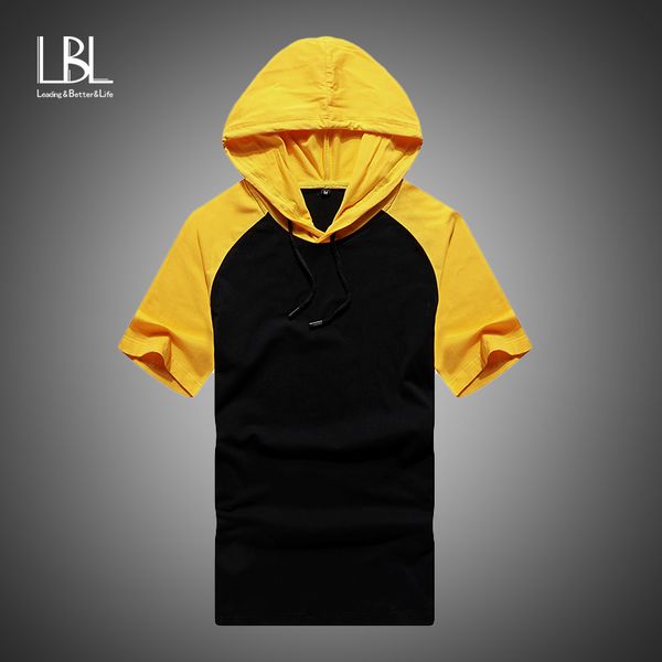

2019 hoodies men summer fashion patchwork short sleeve hooded sweatshirt men hip hop tracksuit mens fitness camisa masculina, Black