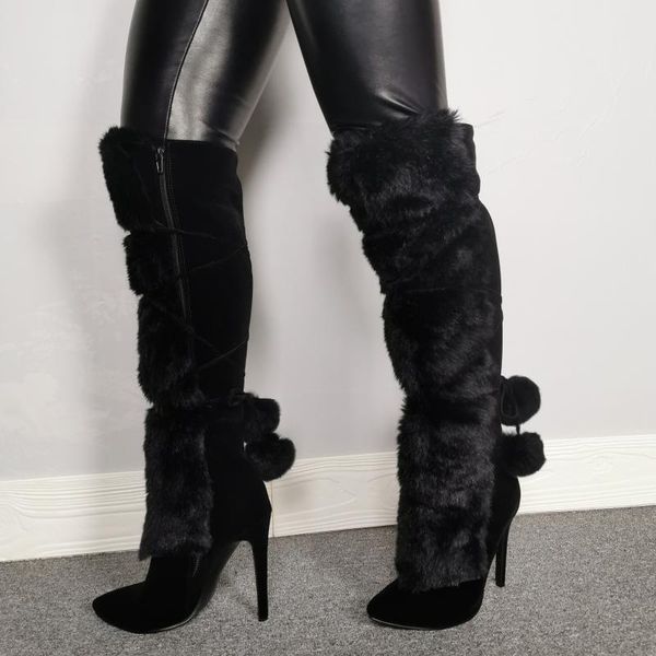 

ladies soft fur knee high boots black suede pointed toe side zipper fur bobbles ball back bandage long boots