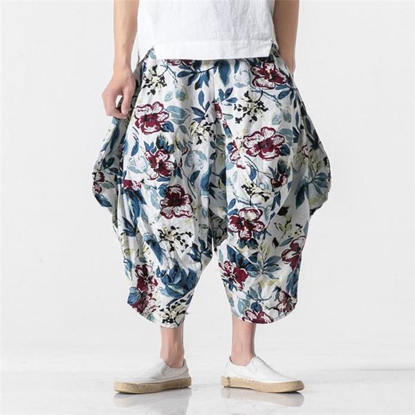

hop vintage streetwear chinese style men pants summer nine points floral men trousers pants loose fashion casual hip, Black