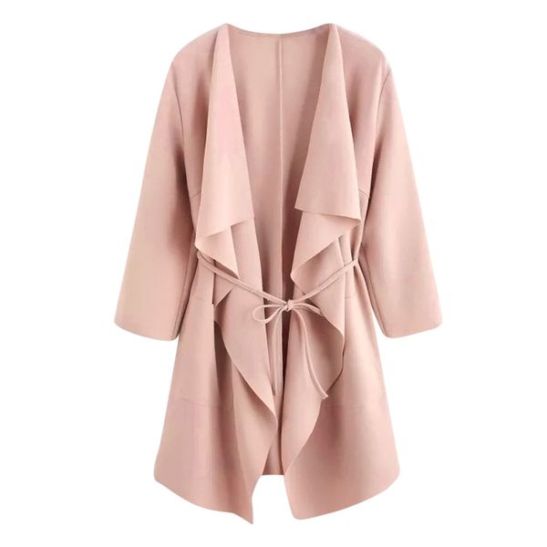 

women casual waterfall collar pocket front wrap coat jacket outwear ladies casual unregular belted overcoat, Tan;black