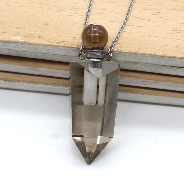 

trendy-beads stainless steel hexagon prism section pendant perfume bottle necklace smoky quartzs jewelry, Silver