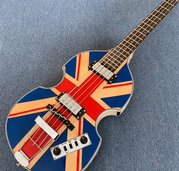 McCartney Hof H500/1-CT Violino Contemporâneo Deluxe Baixo Bandeira da Inglaterra Guitarra elétrica Flame Maple Traseira, 2 captadores 511B Staple