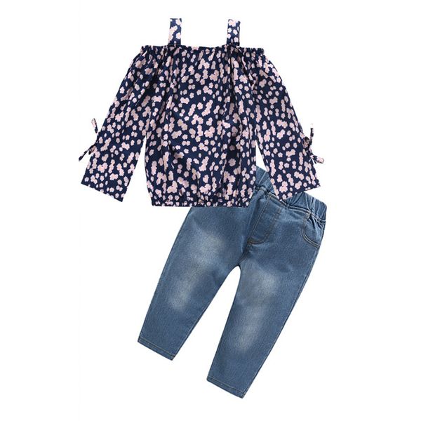 

summer girl kids clothes set one-collar floral trend jeans denim pants 2pcs sets kids designer clothes girls jy354, White