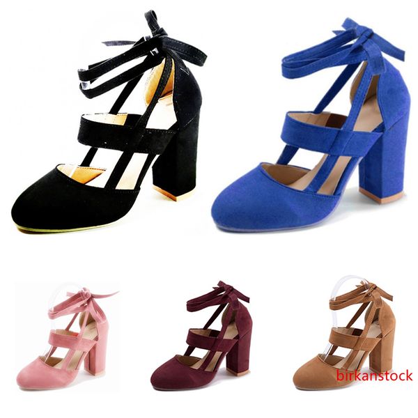 

2020 whole slae fashion women high heel suede black pink red blue brown ankle strap thick heel casual sandals size 35-43