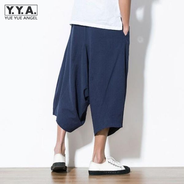 

japan harajuku loose mens capri pants linen cotton haren pants wide leg comfort mens short trousers casual male short beachwear, Black