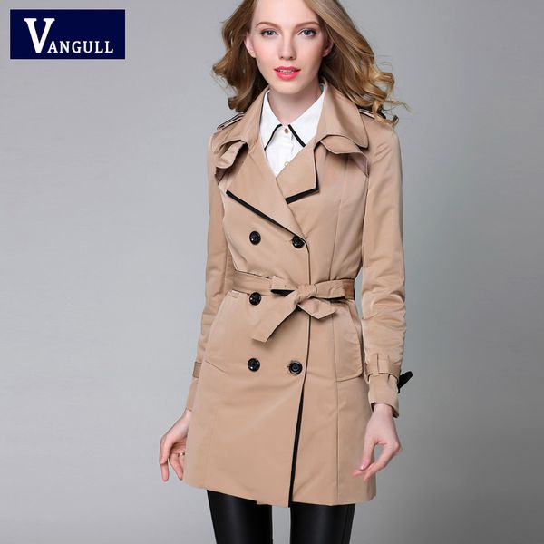 

vangull trench coat women classic double breasted trench 2019 new color block spring autumn ladies elegant long coats outwear, Tan;black