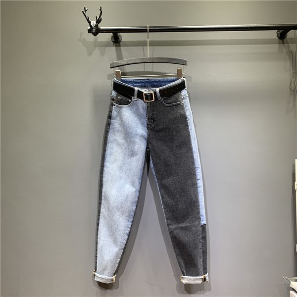 

high waist jeans straight casual full length cotton zipper fly button pockets spliced regular spring coated, Blue