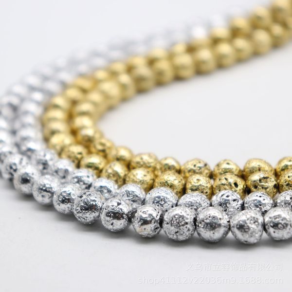 

6/8/10mm plating natural lava stone beads round loose gold/silver volcanic rocks stone beads for jewelry making diy strand 15'', Black