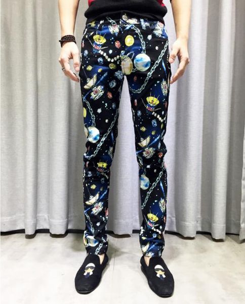 

men's europe the united states south korea version of the new personality slimming straight tube skinny spend jean small leg trousers, Blue