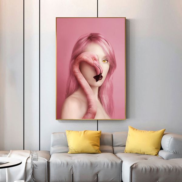 

canvas painting nordic portrait posters and prints nude women and flamingo wall pictures for living room cuadros home decor