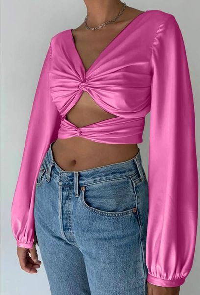 

chic women long sleeve crop autumn corss lady hollow out crop blouses woman short satin shirts, White