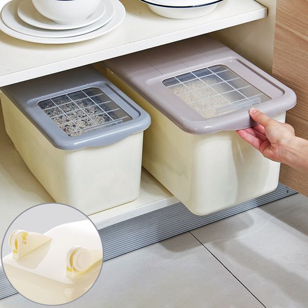 

10kg sealed rice barrel moisture proof storage box with measuring cup household kitchen flour saving wheel bucket stocks holder