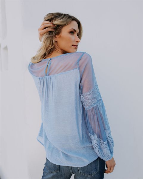 

summer womens gauze lace tshirts lantern sleeve panelled fashion ladies tees see through loose casual female clothing, White