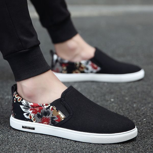 

autumn men's shoes winter korean-style trend versatile canvas shoes men slip-on casual loafers old beijing cloth, Black