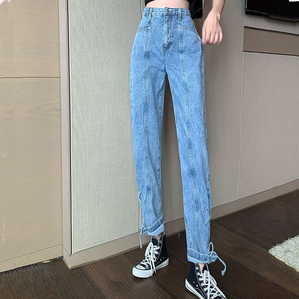 

жан крест на шнурках джинсы высокой талии брюки прямые, Blue