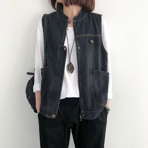 

women fashion bf style sleeveless vest vintage denim stand collar solid color female casual vest cloth, Black;white