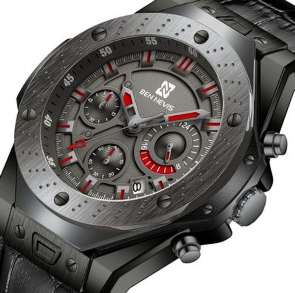 

bennevis men quartz sports watches men leather band watch waterproof calendar wristwatch relogio masculino, Slivery;brown