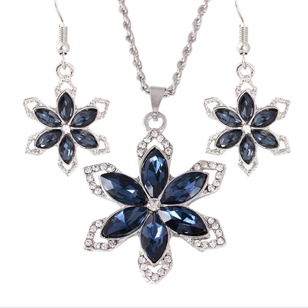 

romantic bride sets blue crystal colorful flower necklace big earring jewelry set for women wedding bijoux, Silver