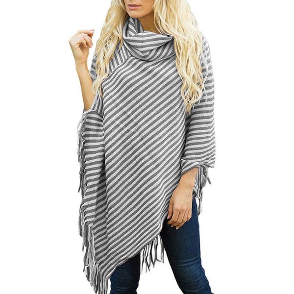 

1 pcs women lady sweater cloak stripe tassel high collar for autumn winter lf88, Black