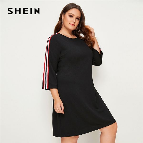 

shein plus size plus black striped tape detail dress women summer autumn 3/4 length sleeve plus casual straight short dresses, Black;gray