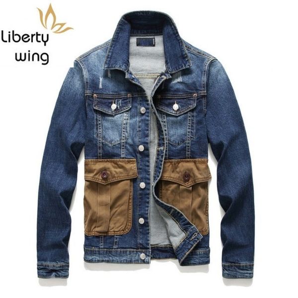 

spring autumn mens multi-pocket jean single breasted vintage biker slim jacket street style college coat long sleeve blue, Black;brown