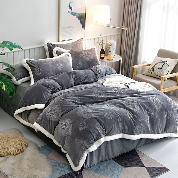 Gray Luxury Fleece Fabric Embossing Bedding Set Queen King Size