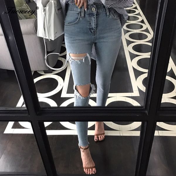 

отверстие рваные джинсы сексуальные женщины boyfriend denim урожай высокий эластичный пояс повседневные брюки женщина тонкий карандаш pant п, Blue