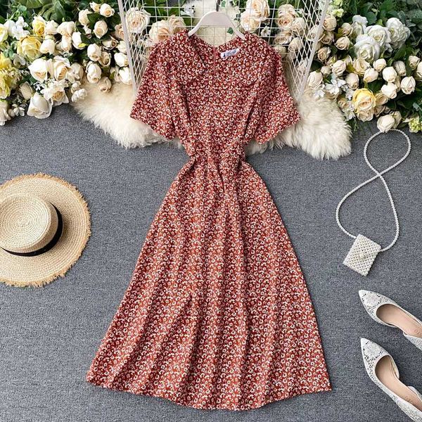 

singrain women summer vintage floral dress korean turn down collar bandage a line sundress casual print midi long dress 2020, Black;gray