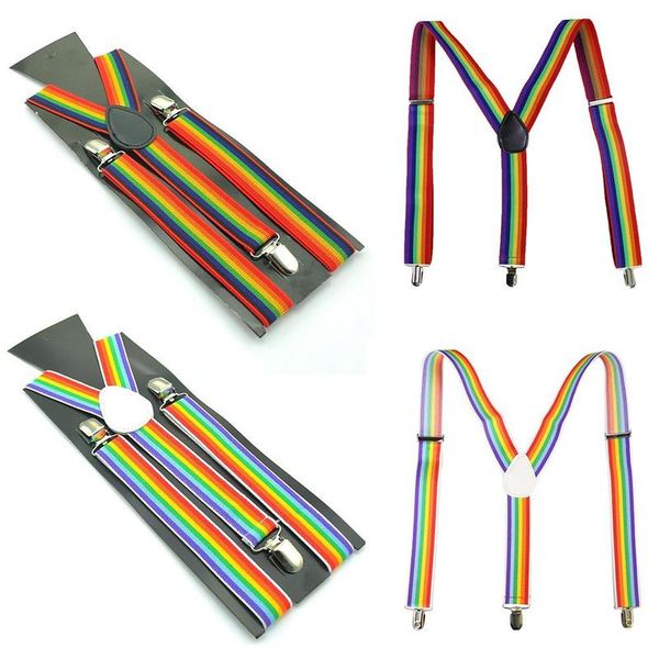 

2019 new 2.5cm men women suspenders rainbow colorful striped suspender y-back braces adjustable elastic suspenders, Black;white