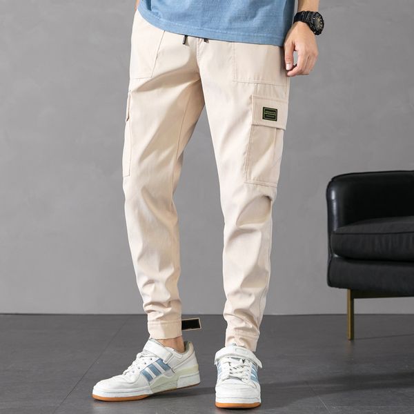 

peach skin velvet thin handsome multi-pocket men's trousers 2020 new men's overalls khaki large size work pants mens cargo pants, Black