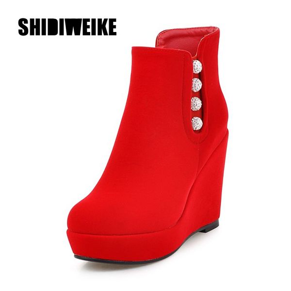 

2019 wedges ankle boots red black rubber sole shoes platform boots women zipper fall and winter platform heels shoes