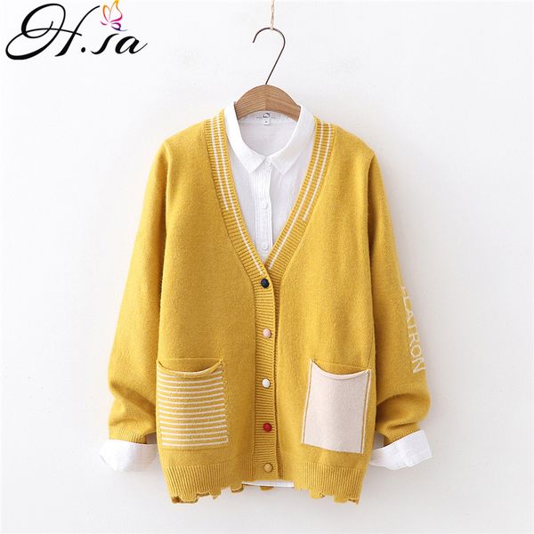 

h.sa 2019 women new sweater cardigans v neck open stitch loose knitted jacket coats yellow cardiagns fall sweater jumpers poncho, White;black