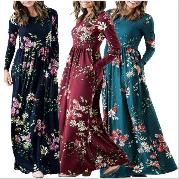 Floral Impresso Vestidos Mulheres Flor Longo Maxi Vestido Bolsos Empire Cintura Vestido Plissado Casual Elegante Manga Comprida Vestidos Vestidos B6685