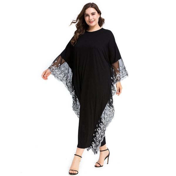 

2018 lace wide cuff muslim dresses black bat sleeve robes loose big size maxi long dress islamic elegant moroccan party dress, Red