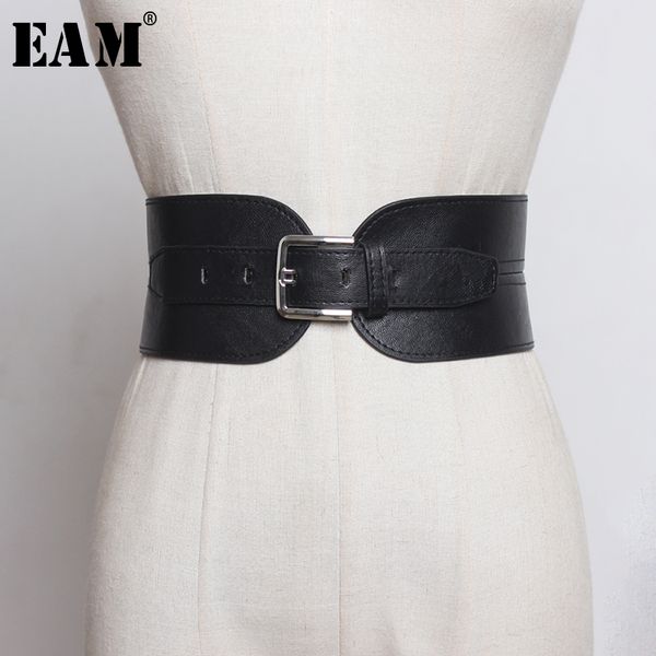 

eam] pu leather balck asymmetrical buckle wide long belt personality women new fashion tide all-match spring 2020 1r383, Black;brown