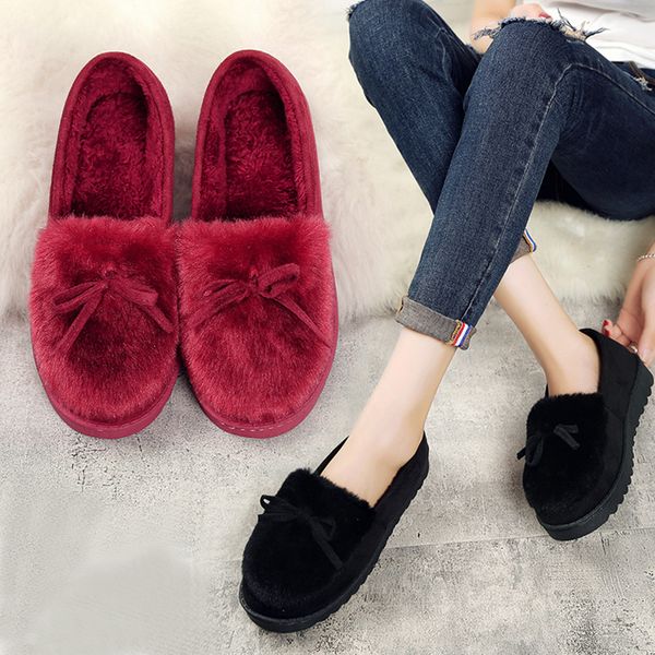 

winter shoes women autumn casual female sneakers 2019 fashion women's loafers fur bow-knot round toe slip-on fall modis, Black